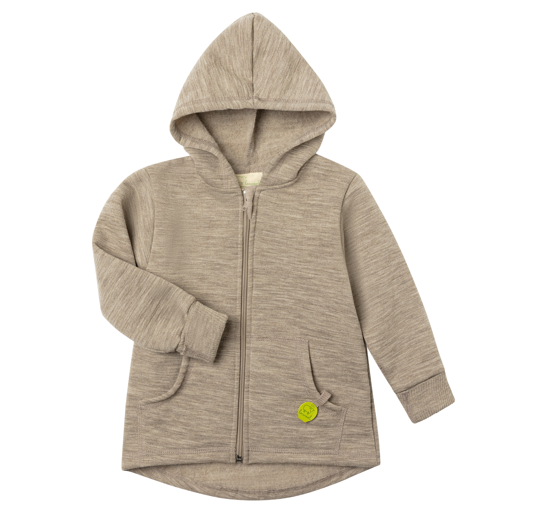 Children’s wool jacket made from South German virgin wool of Merinolandschaf sheep, featuring a pointed hood, foldable ribbed cuffs on the sleeves, and a small logo patch.