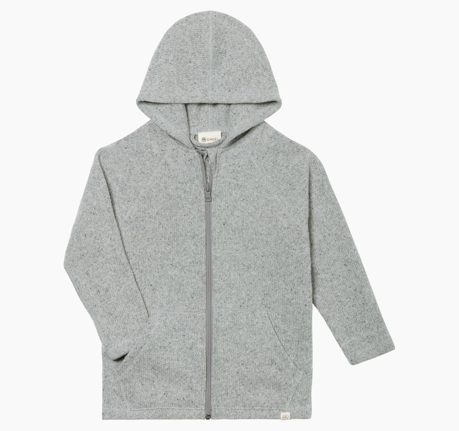 Kinderjacke aus Recyclinggarn aus Wolle und Seide mit Kapuze, Reißverschluss und zwei Taschen.