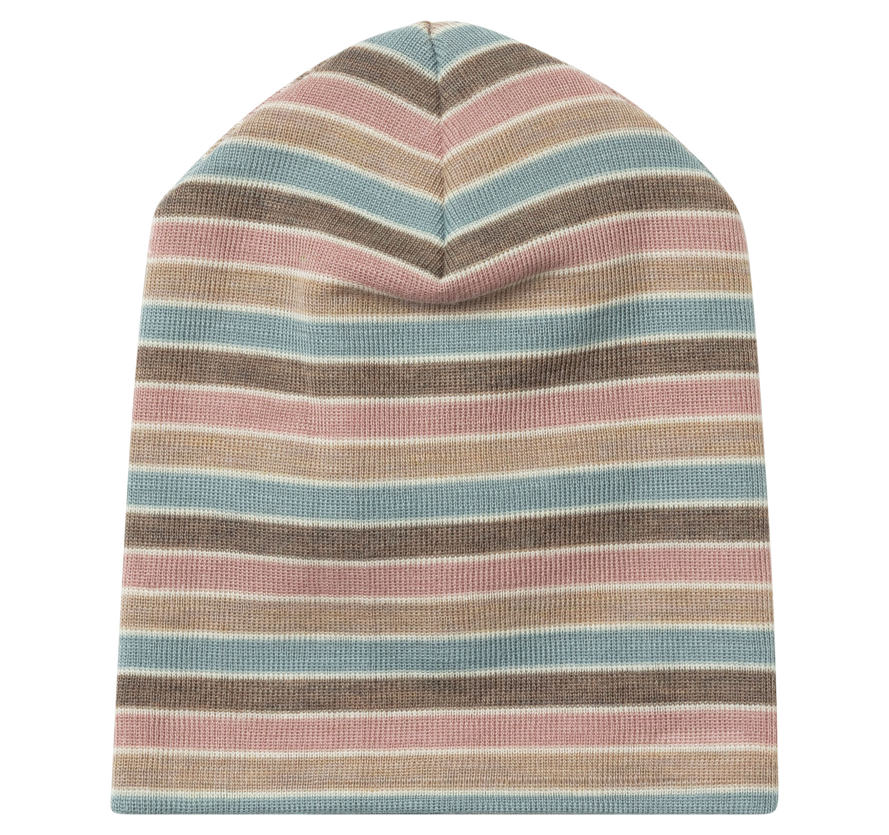 A striped, double-layered baby hat made from virgin merino wool, in a beanie style.