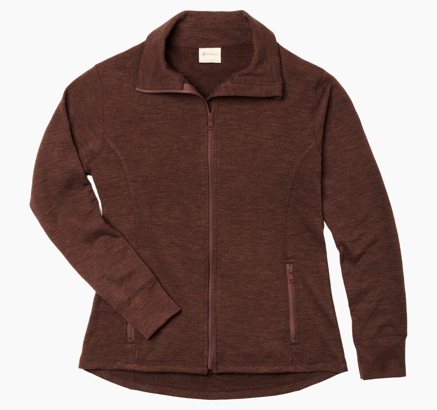 Frottee-Damenjacke aus 100% Schurwolle von Merinoschafen langem Reißverschluss und zwei Taschen mit Reißverschluss.