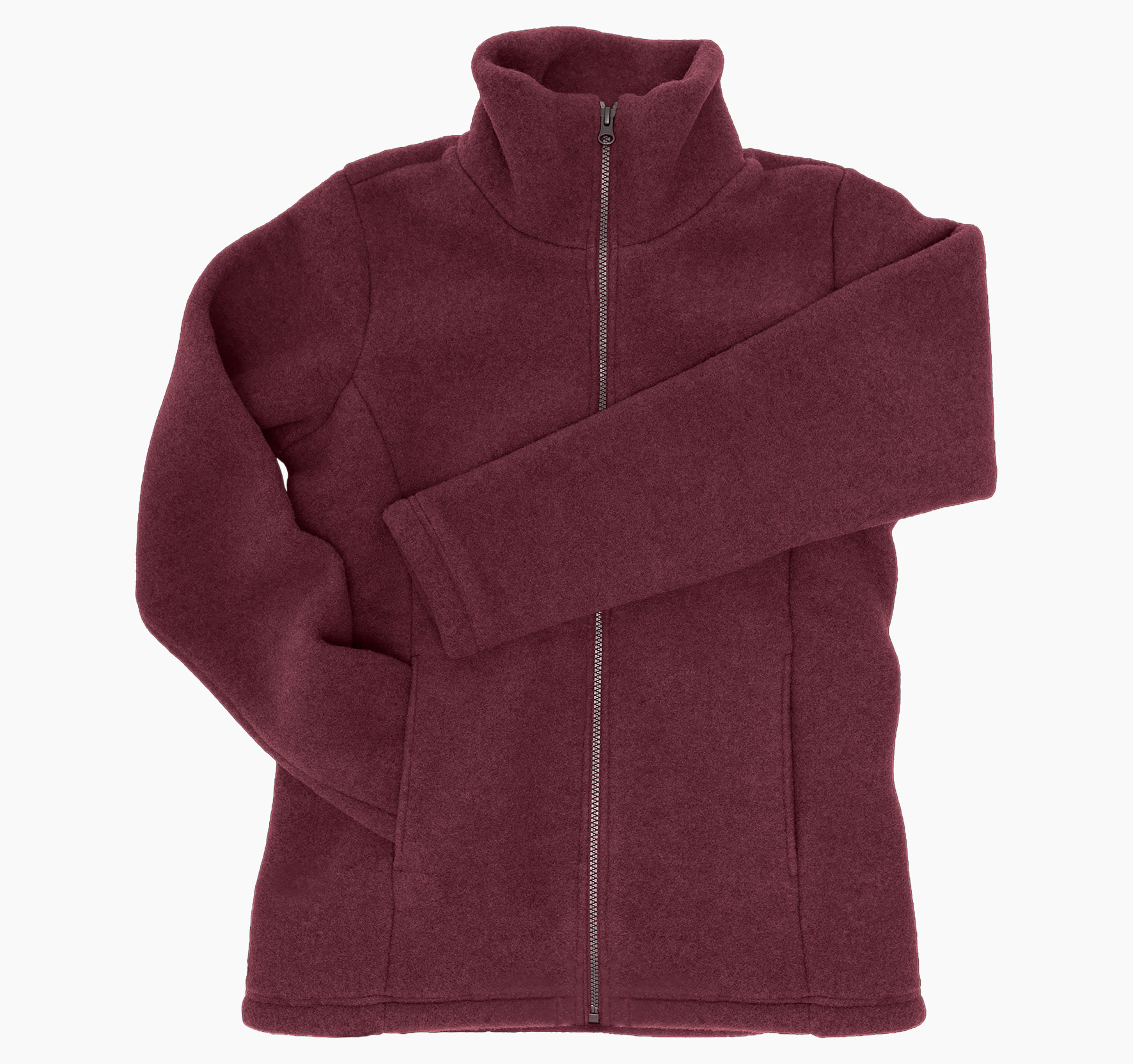 Fitted women's fleece jacket made from 100% virgin merino wool, featuring two pockets and zippers.