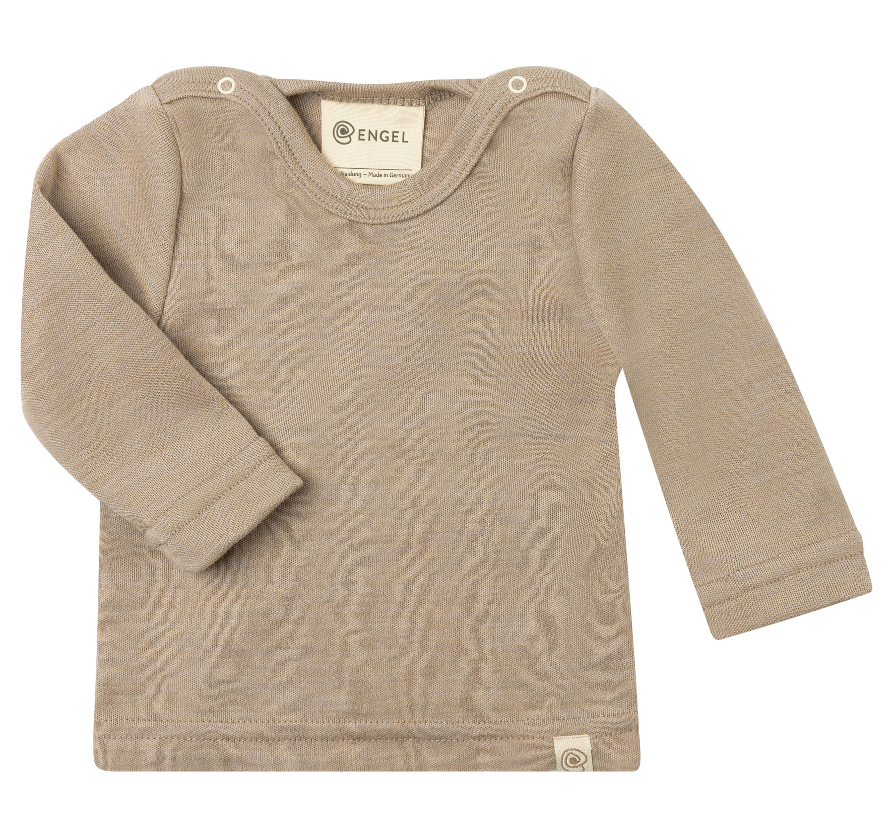 Babylangarm Shirt aus Interlock aus Wolle/Seide mit Druckknöpfen an den Schultern und Engellogo am Bund.