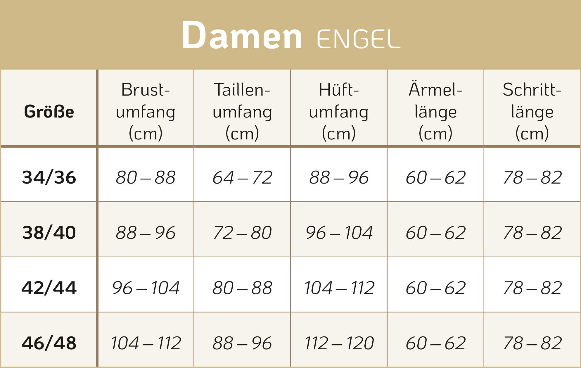 Frauen Größen Tabelle