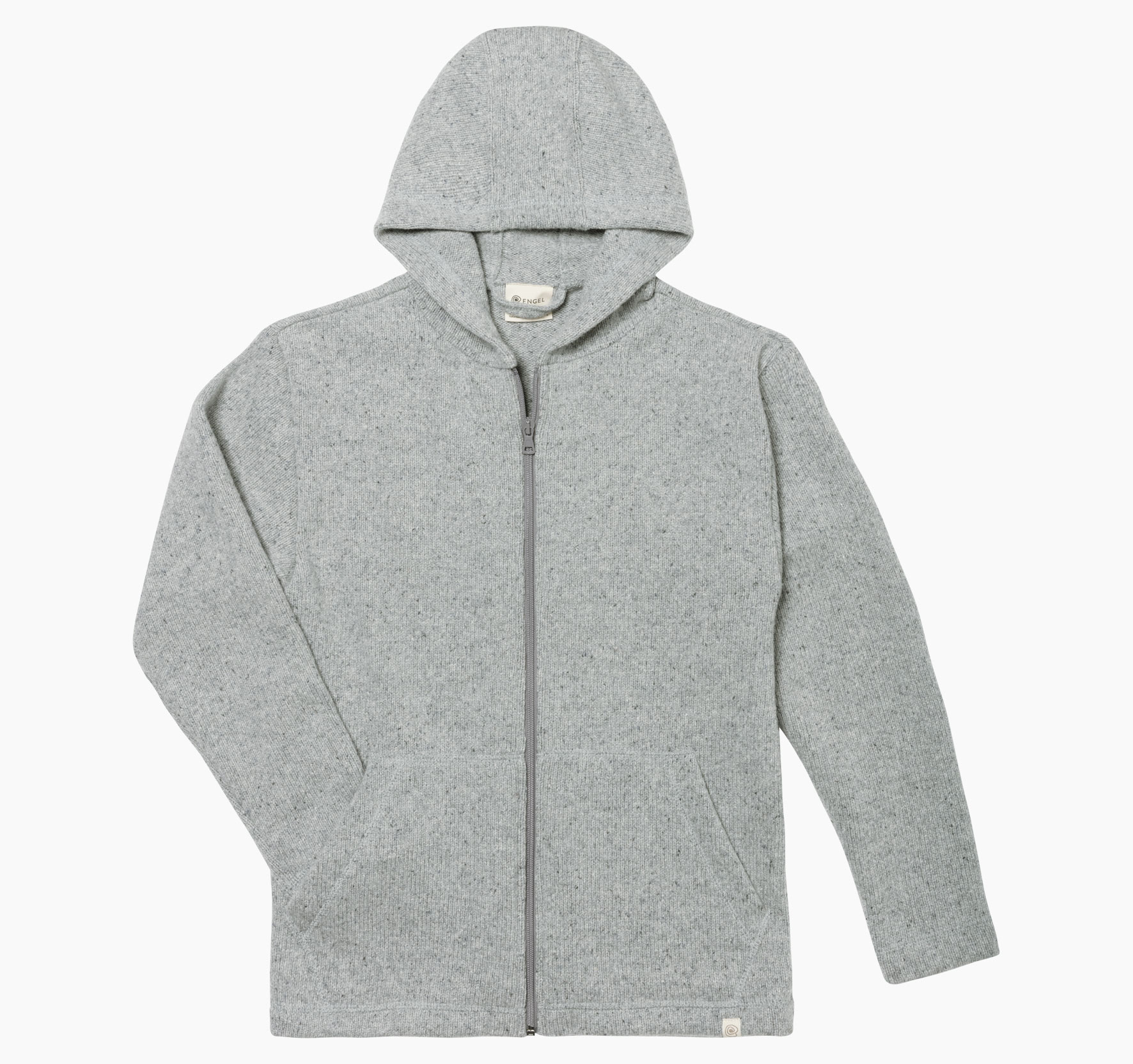 Damenjacke aus Recyclinggarn aus Wolle und Seide mit durchgehendem Reißverschluss, Kapuze und zwei Taschen.